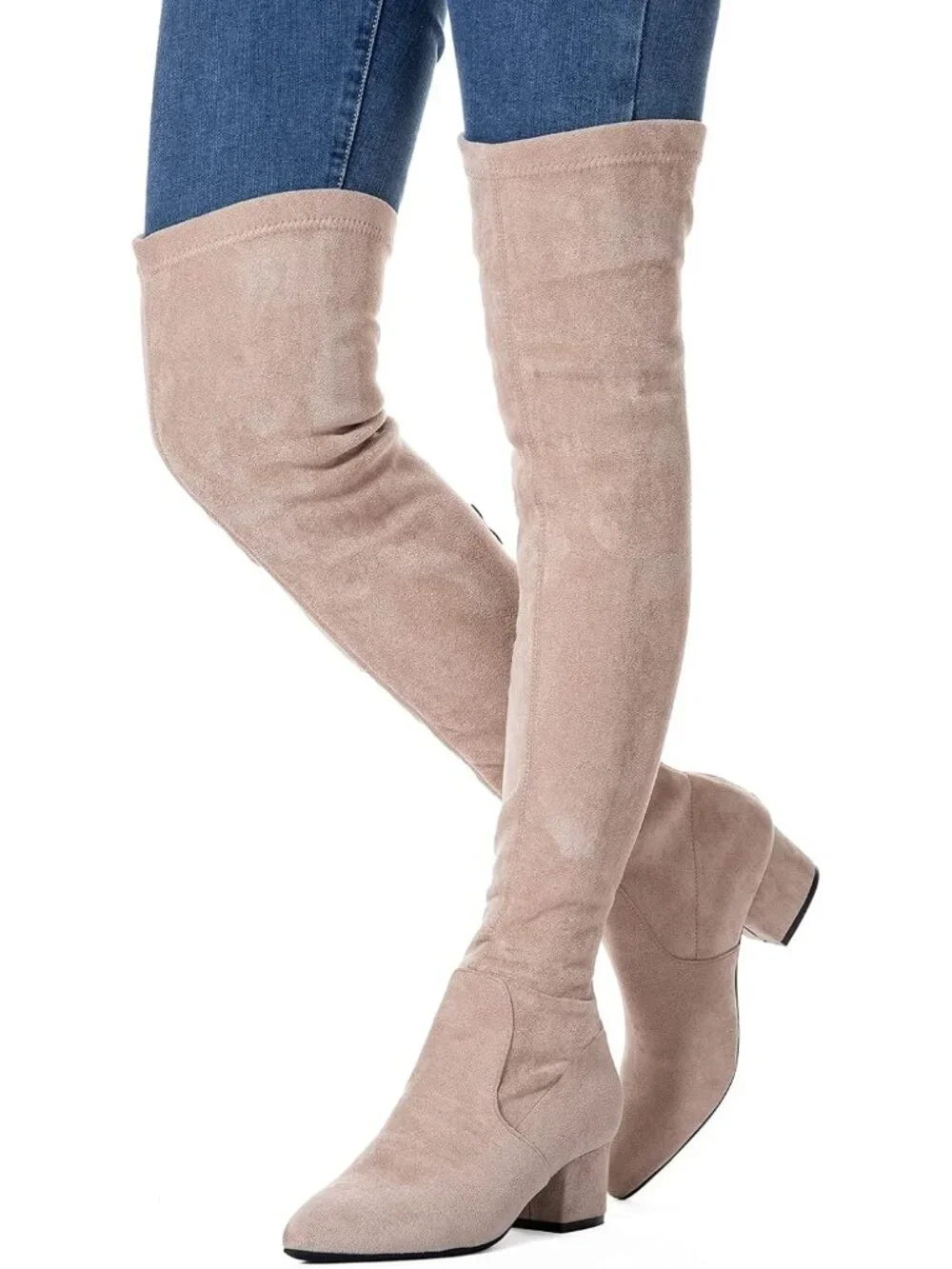 Women's Khaki 2 Inch Pointed Toe Chunky Block Heel Over The Knee High Boots